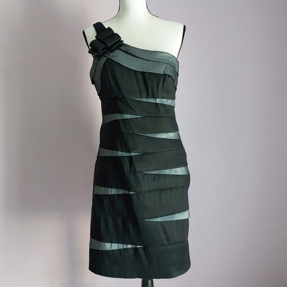 Scarlett One Shoulder Cocktail Dress Black Silver Gray Sheath Bodycon Size 12 - Picture 1 of 12